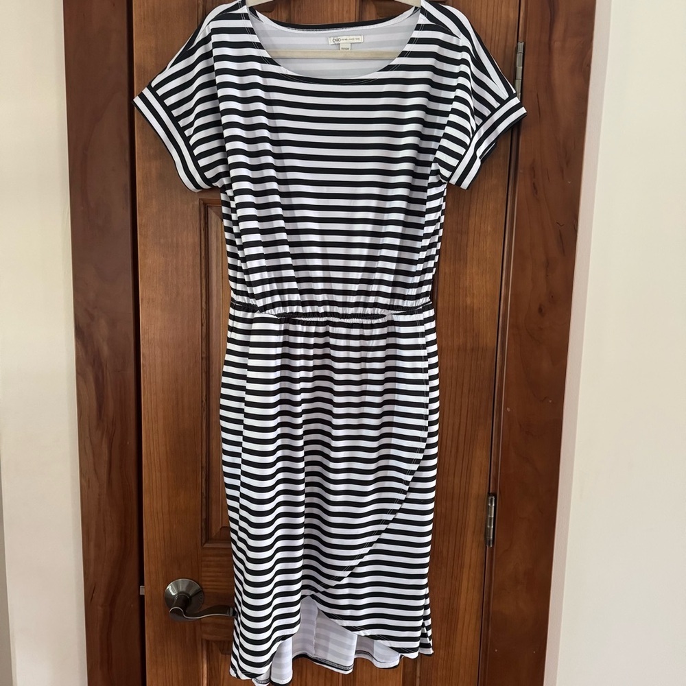 Cato Midi Dress Women’s 14/16 Black White Striped Business Casual Wrap Front
